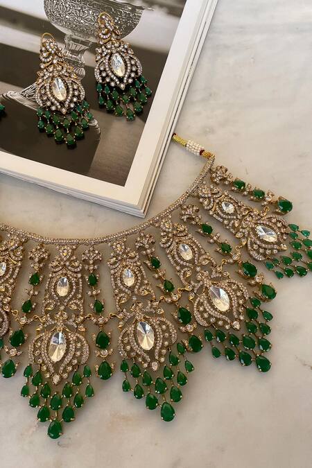 Buy_Saga Jewels_Green Crystals, Gemstones Designer Necklace Set _Online_at_Aza_Fashions