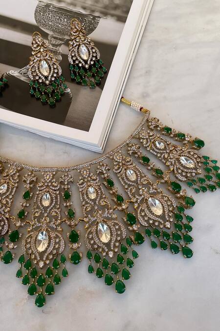 Shop_Saga Jewels_Green Crystals, Gemstones Designer Necklace Set _Online_at_Aza_Fashions