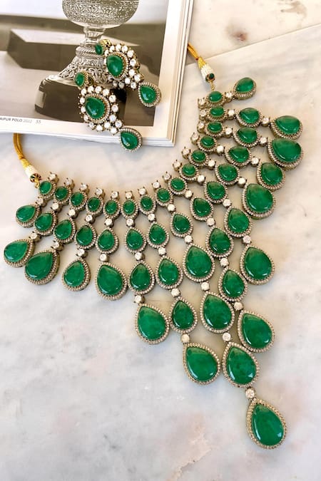 Saga Jewels Green Designer Necklace & Earring Set 