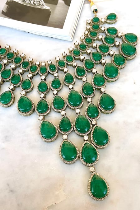 Saga Jewels_Green Gemstones, Diamonds Designer Necklace And Earring Set _Online_at_Aza_Fashions