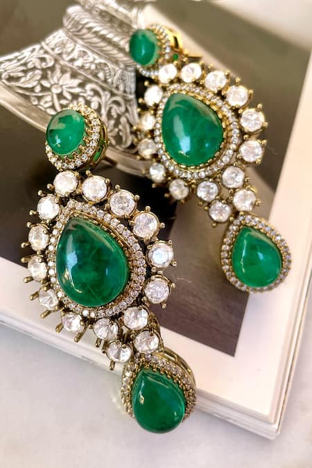 Buy_Saga Jewels_Green Gemstones, Diamonds Designer Necklace And Earring Set _Online_at_Aza_Fashions