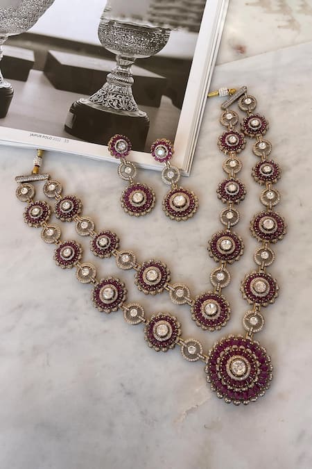 Saga Jewels Pink Gemstones Designer Necklace And Earring Set 