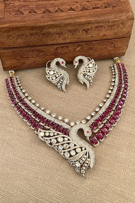 Saga Jewels Pink Diamonds, Gemstones Swan Motif Necklace And Earring Set 