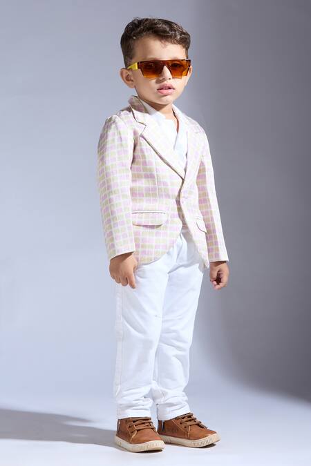Buy_Neha Gursahani_Multi Color Satin, Linen Checked Boys Jacket _Online_at_Aza_Fashions