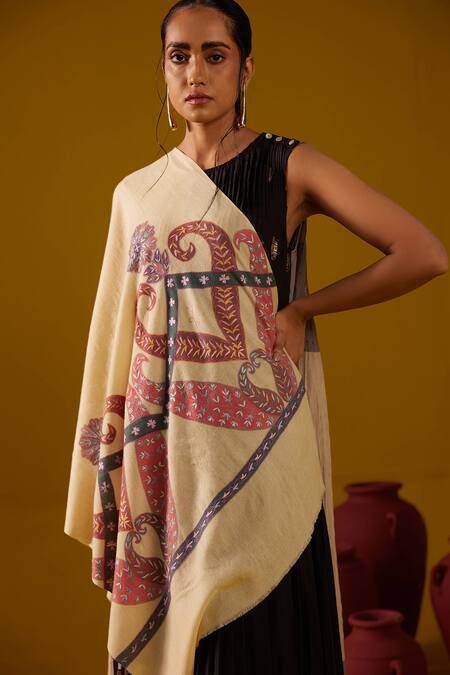 SHAZA_Multi Color Pashmina Kalamkari Border Stole _Online_at_Aza_Fashions