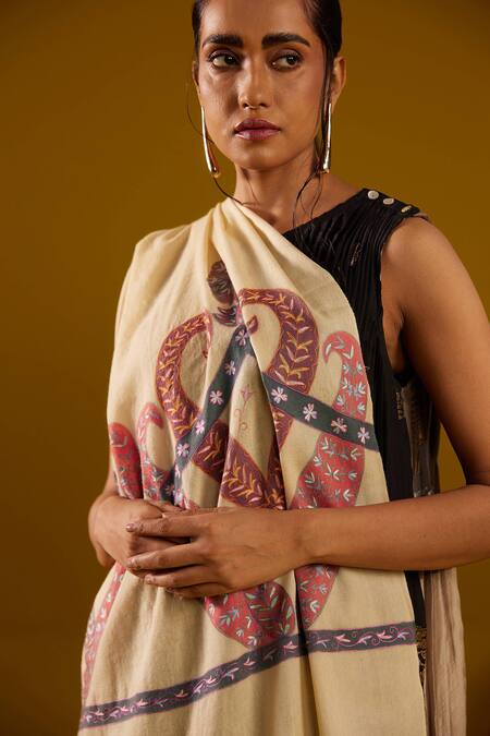 Buy_SHAZA_Multi Color Pashmina Kalamkari Border Stole _Online_at_Aza_Fashions