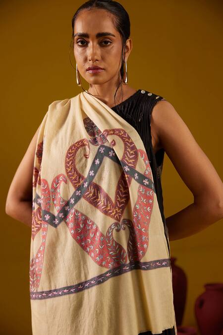 Shop_SHAZA_Multi Color Pashmina Kalamkari Border Stole _Online_at_Aza_Fashions