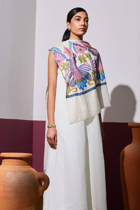 SHAZA_White Pashmina Kalamkari Border Stole _Online_at_Aza_Fashions