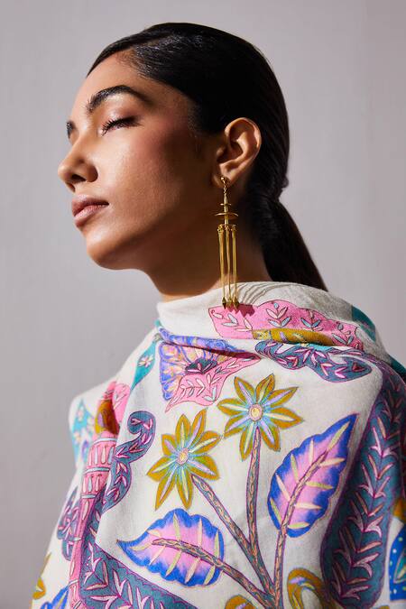 Buy_SHAZA_White Pashmina Kalamkari Border Stole _Online_at_Aza_Fashions