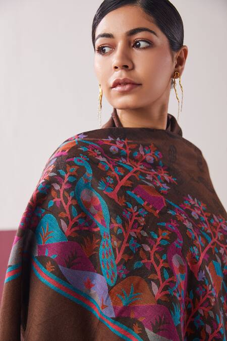 SHAZA_Brown Kani Handloom Pashmina Stole_Online_at_Aza_Fashions
