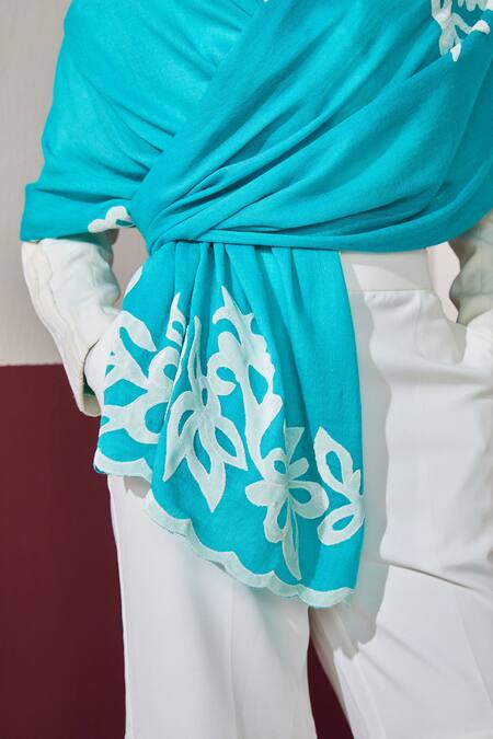 SHAZA_Turquoise Floral Embroidered Pashmina Stole_Online_at_Aza_Fashions