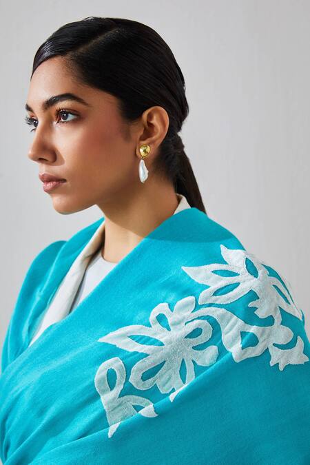 Buy_SHAZA_Turquoise Floral Embroidered Pashmina Stole_Online_at_Aza_Fashions
