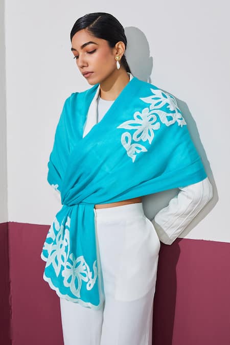SHAZA Turquoise Floral Embroidered Pashmina Stole 