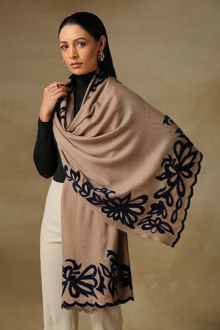 SHAZA Beige Floral Embroidered Stole 