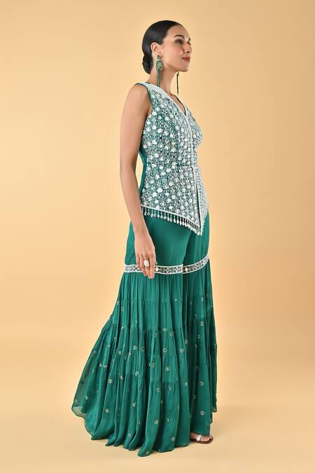 Keith Gomes_Green Chiffon, Crepe Embroidery V-neck Blouse And Gharara Set _Online_at_Aza_Fashions