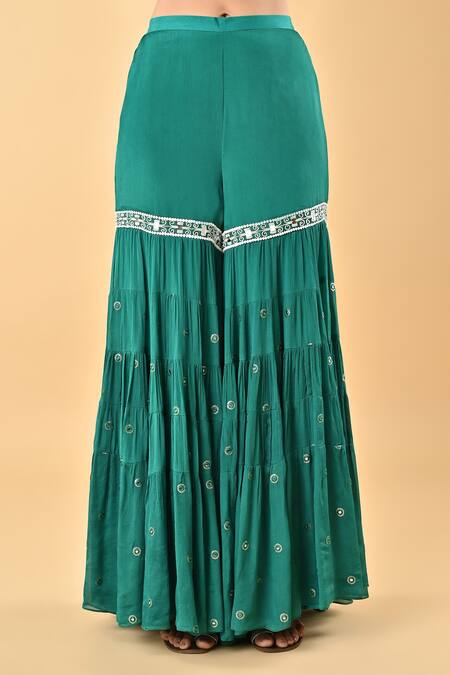 Buy_Keith Gomes_Green Chiffon, Crepe Embroidery V-neck Blouse And Gharara Set _Online_at_Aza_Fashions