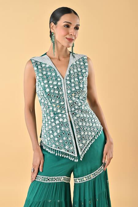 Shop_Keith Gomes_Green Chiffon, Crepe Embroidery V-neck Blouse And Gharara Set _Online_at_Aza_Fashions