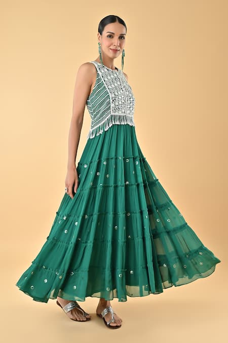 Keith Gomes_Green Chiffon, Crepe Embroidery, Tassels Round Neck Dress _Online_at_Aza_Fashions