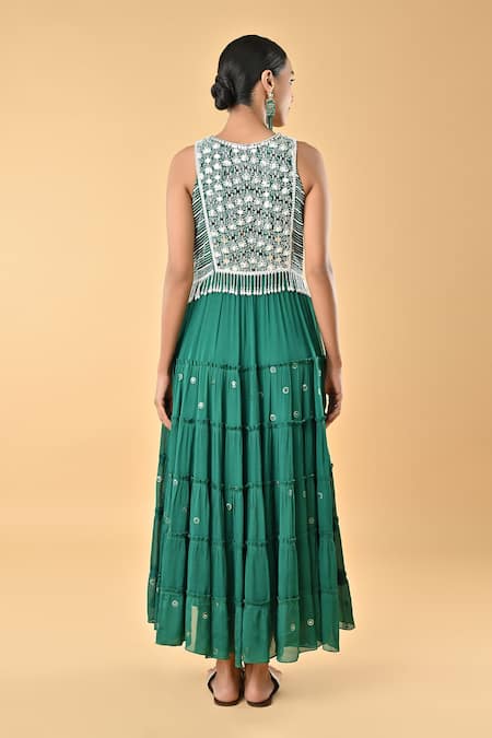 Keith Gomes Embroidered Green Chiffon Crepe Dress 
