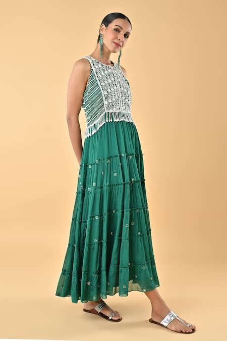Buy_Keith Gomes_Green Chiffon, Crepe Embroidery, Tassels Round Neck Dress _Online_at_Aza_Fashions