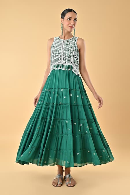 Keith Gomes Green Chiffon, Crepe Embroidery, Tassels Round Neck Dress 