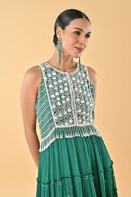 Shop_Keith Gomes_Green Chiffon, Crepe Embroidery, Tassels Round Neck Dress _Online_at_Aza_Fashions