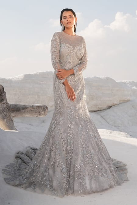 House Of Sikka Silver Net Beads, Sequins Boat Neck Designer Gown 