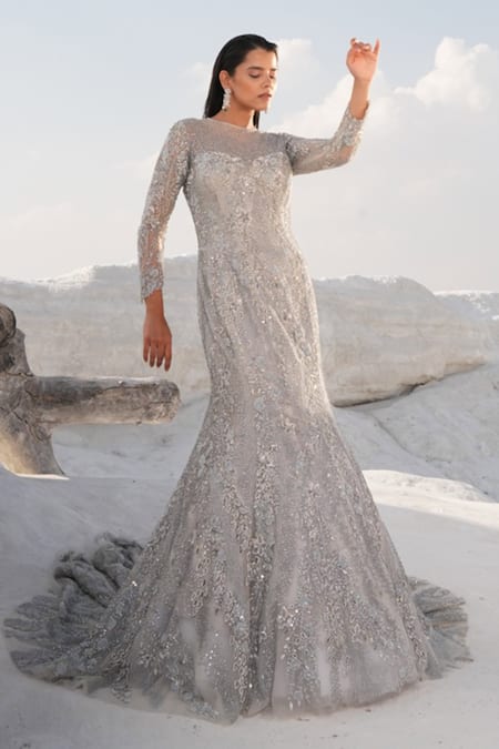 House Of Sikka Silver Net Designer Gown 