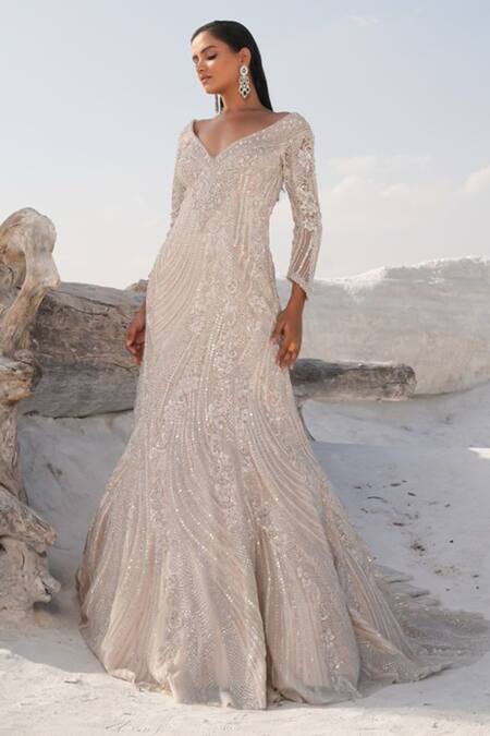 House Of Sikka_Silver Net Beads V-neck Designer Gown _Online_at_Aza_Fashions