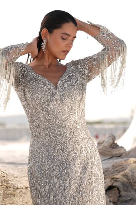 Shop_House Of Sikka_Silver Net Beads V-neck Designer Gown _Online_at_Aza_Fashions