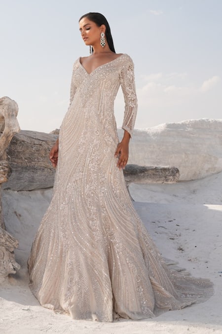House Of Sikka Silver Net Designer Gown 