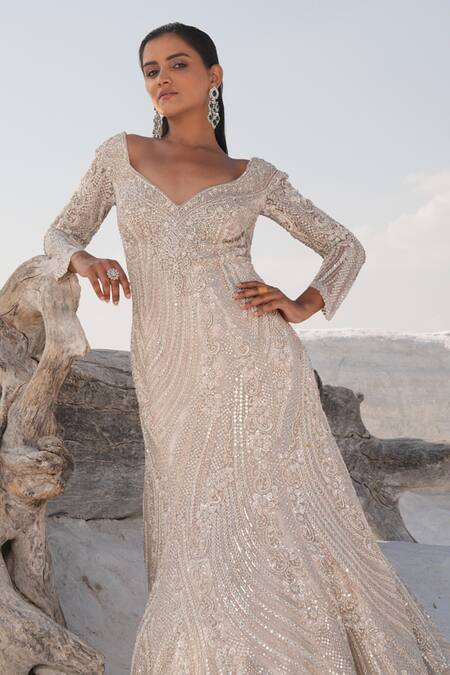 House Of Sikka_Silver Net Beads, Sequins V-neck Designer Gown _Online_at_Aza_Fashions