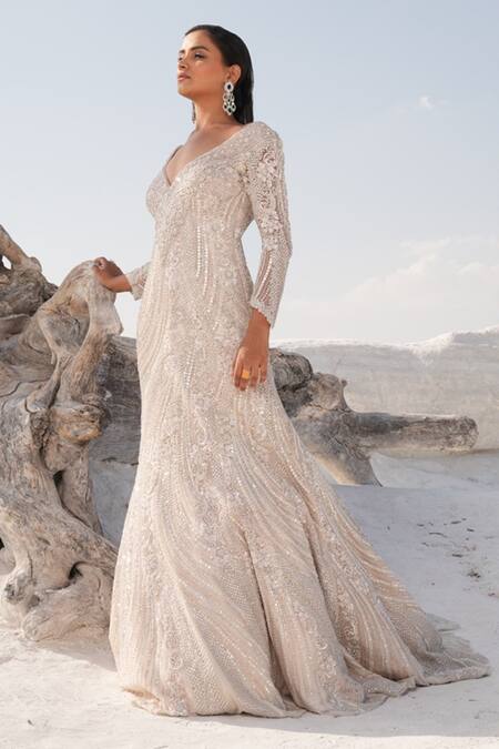 Buy_House Of Sikka_Silver Net Beads, Sequins V-neck Designer Gown _Online_at_Aza_Fashions