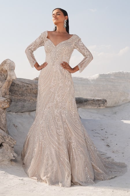 House Of Sikka Silver Net Beads, Sequins V-neck Designer Gown 