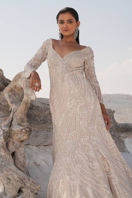Shop_House Of Sikka_Silver Net Beads, Sequins V-neck Designer Gown _Online_at_Aza_Fashions
