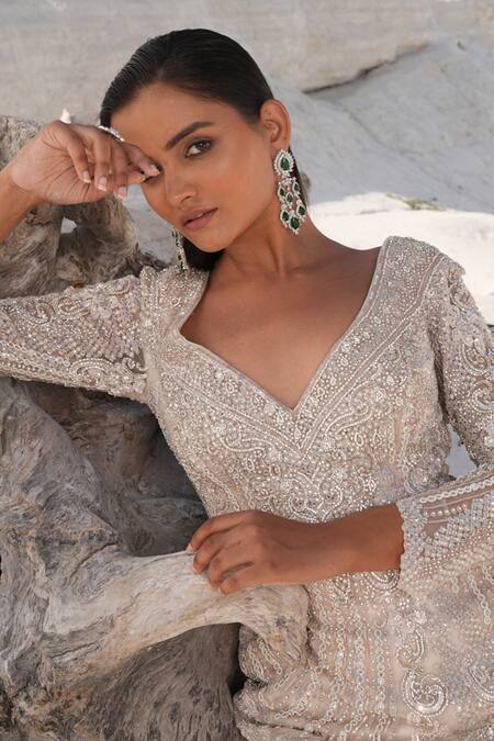 House Of Sikka_Silver Net Beads, Sequins V-neck Designer Gown _at_Aza_Fashions