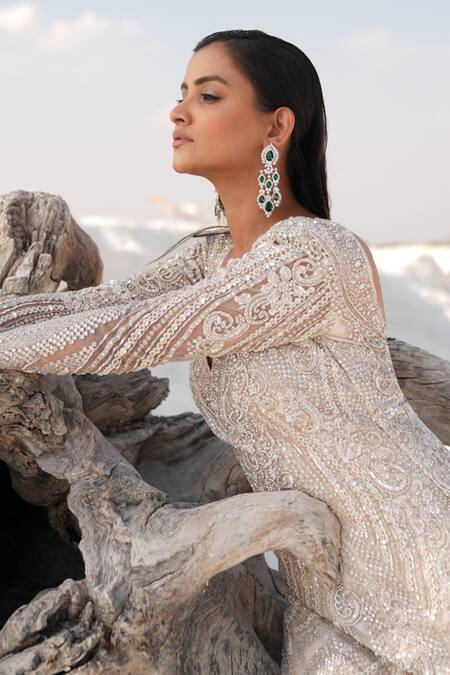 Buy_House Of Sikka_Silver Net Beads, Sequins V-neck Designer Gown 