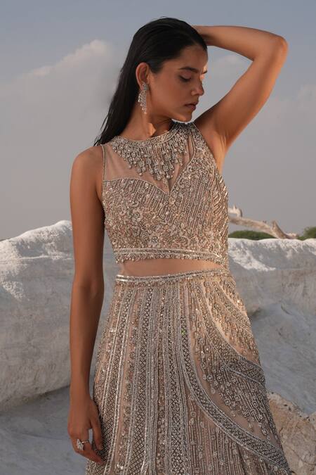 House Of Sikka_Silver Net Beads, Sequins Round Neck Designer Gown _Online_at_Aza_Fashions