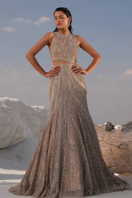 Buy_House Of Sikka_Silver Net Beads, Sequins Round Neck Designer Gown _Online_at_Aza_Fashions