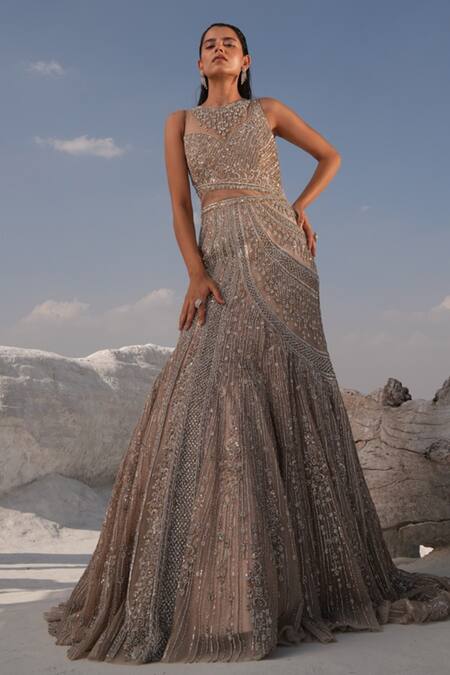 House Of Sikka_Silver Net Beads, Sequins Round Neck Designer Gown _at_Aza_Fashions