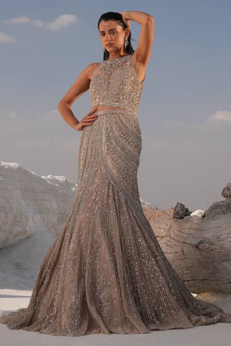 Buy_House Of Sikka_Silver Net Beads, Sequins Round Neck Designer Gown 