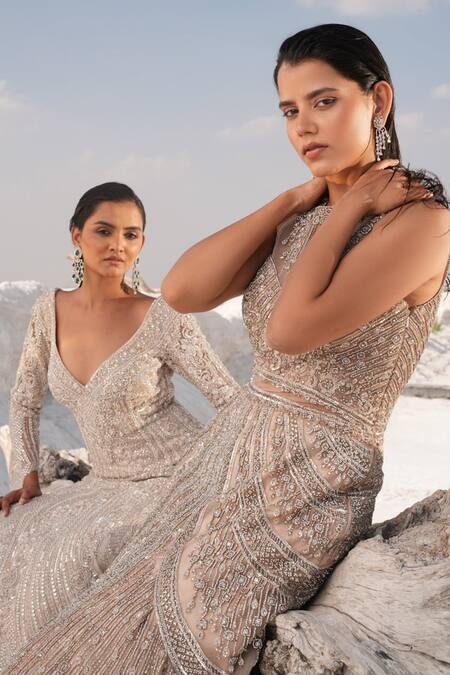 Shop_House Of Sikka_Silver Net Beads, Sequins Round Neck Designer Gown 