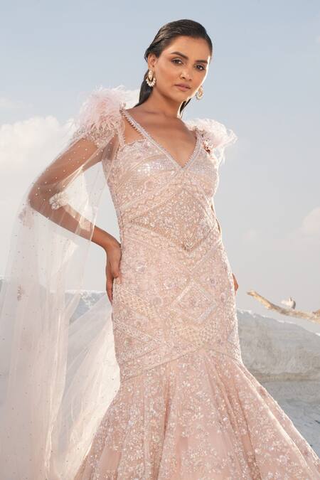 House Of Sikka_Pink Net, Satin Sequins, Beads V-neck Designer Gown _Online_at_Aza_Fashions