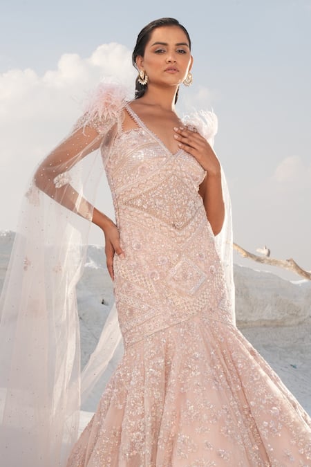 Buy_House Of Sikka_Pink Net, Satin Sequins, Beads V-neck Designer Gown _Online_at_Aza_Fashions