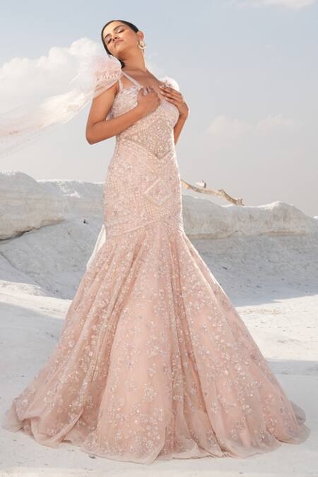 Shop_House Of Sikka_Pink Net, Satin Sequins, Beads V-neck Designer Gown _Online_at_Aza_Fashions