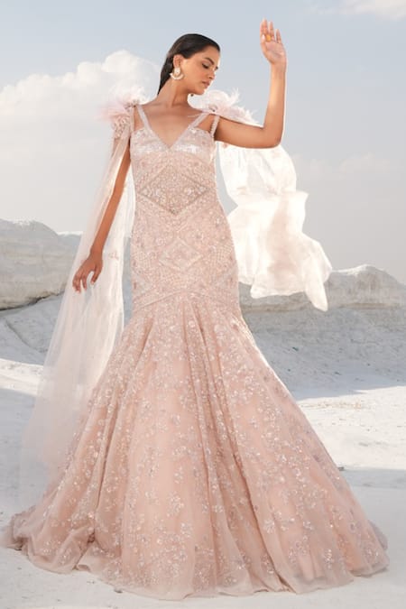 House Of Sikka Pink Net, Satin Sequins, Beads V-neck Designer Gown 