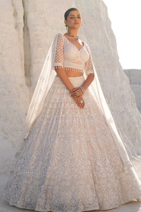 House Of Sikka_Ivory Net Sequins, Embroidery Round Neck Lehenga Set _Online_at_Aza_Fashions