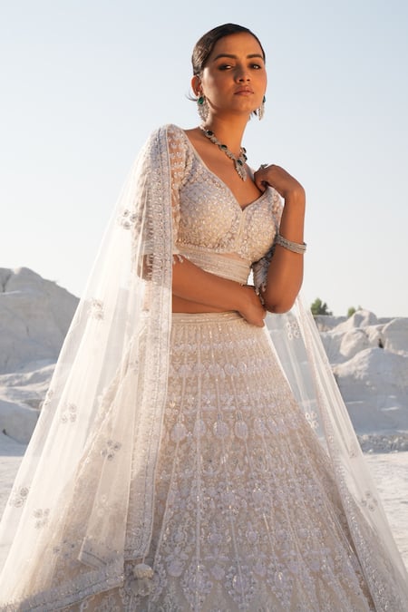 Shop_House Of Sikka_Ivory Net Sequins, Embroidery Round Neck Lehenga Set _Online_at_Aza_Fashions