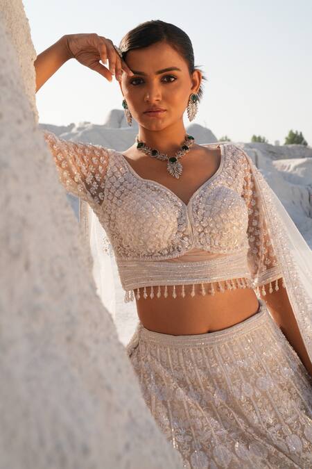 Buy_House Of Sikka_Ivory Net Sequins, Embroidery Round Neck Lehenga Set 