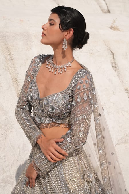 Buy_House Of Sikka_Gray Net Sequins, Embroidery Round Neck Steel Grey Embellished Lehenga Set _Online_at_Aza_Fashions
